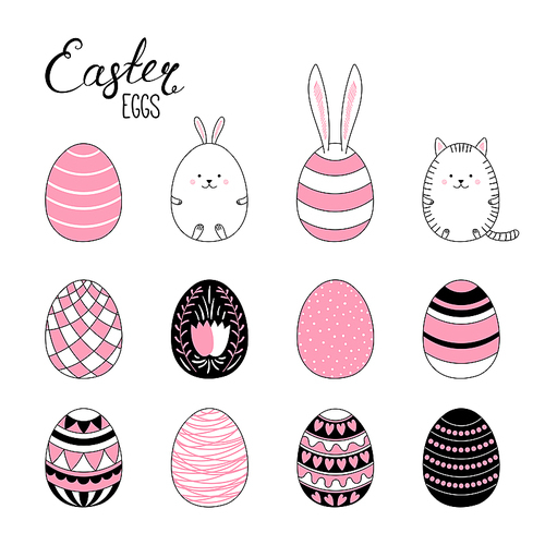 Set of hand drawn cute cartoon Easter eggs. Isolated objects on white. Vector illustration. Festive design elements. Concept for greeting card, invitation.