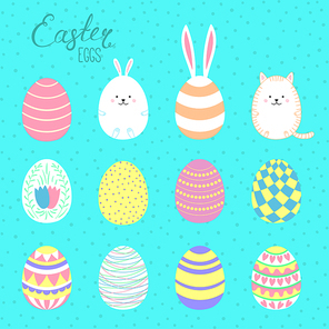 Set of hand drawn cute cartoon Easter eggs. Isolated objects. Vector illustration. Festive design elements. Concept for greeting card, invitation.