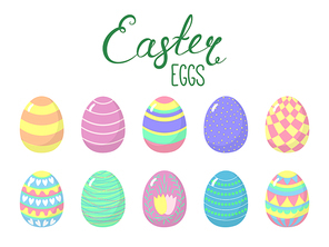 Set of hand drawn cute cartoon Easter eggs. Isolated objects on white. Vector illustration. Festive design elements. Concept for greeting card, invitation.