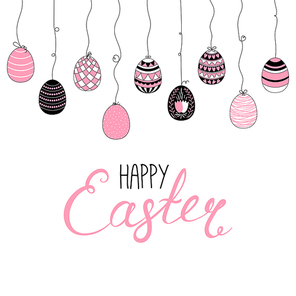 Horizontal border with hand drawn eggs hanging on strings, Happy Easter lettering. Isolated objects on white. Vector illustration. Festive design elements. Concept for card, invitation.