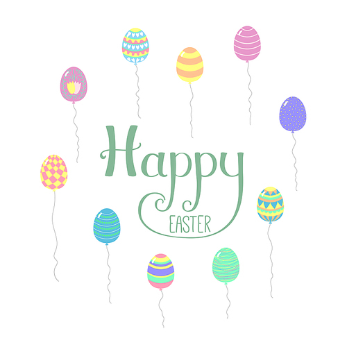 Hand drawn cartoon egg shaped flying balloons, with Happy Easter lettering. Isolated objects on white. Vector illustration. Festive design elements. Concept for greeting card, invitation.