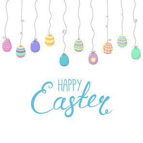 Seamless horizontal border with hand drawn eggs hanging on strings, Happy Easter lettering. Isolated objects on white. Vector illustration. Festive design elements. Concept for card, invitation.