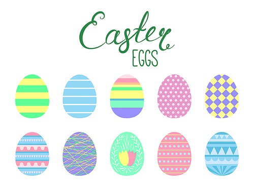 Set of flat style cute cartoon Easter eggs. Isolated objects on white. Vector illustration. Festive design elements. Concept for greeting card, invitation.