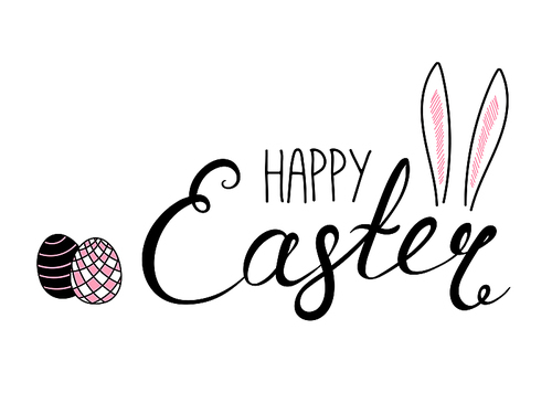 Hand written Happy Easter lettering with cute cartoon eggs and rabbit ears. Isolated objects on white. Vector illustration. Festive design elements. Concept for greeting card, invitation.