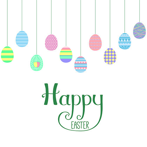 Seamless horizontal border with flat style hanging cartoon eggs, Happy Easter lettering. Isolated objects on white. Vector illustration. Festive design elements. Concept for greeting card, invitation.