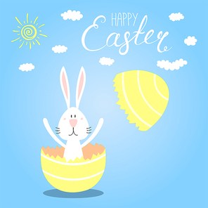 Hand drawn vector illustration with cute cartoon bunny hatching from an egg, Happy Easter lettering. Isolated objects. Vector illustration. Festive design elements. Concept greeting card, invitation.