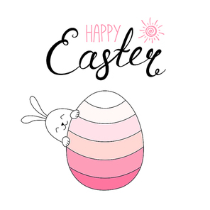 Hand drawn vector illustration with cute bunny looking from behind an egg, Happy Easter lettering. Isolated objects. Vector illustration. Festive design elements. Concept for greeting card, invitation