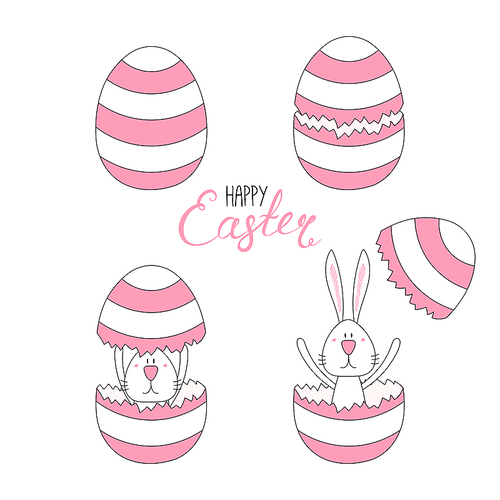 Hand drawn vector illustration with cute cartoon bunny hatching from an egg, Happy Easter lettering. Isolated objects. Vector illustration. Festive design elements. Concept greeting card, invitation.