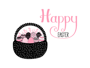 Hand written Happy Easter lettering with cute cartoon basket with eggs. Isolated objects on white. Vector illustration. Festive design elements. Concept for greeting card, invitation.