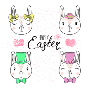 Hand drawn vector portrait of a cute funny bunnies in hats, with ribbons, text Happy Easter, eggs. Isolated objects on white . Vector illustration. Design concept for children, celebration.