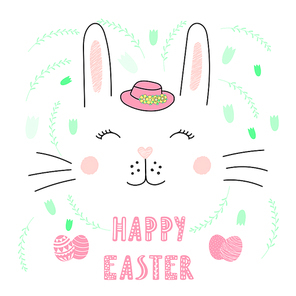 Hand drawn vector portrait of a cute funny bunny in a hat, with text Happy Easter, eggs. Isolated objects on white . Vector illustration. Design concept for children, celebration.