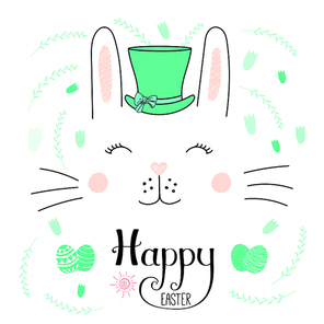 Hand drawn vector portrait of a cute funny bunny in a hat, with text Happy Easter, eggs. Isolated objects on white . Vector illustration. Design concept for children, celebration.