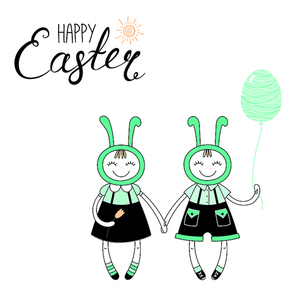 Hand drawn vector illustration of cute cartoon girl, boy in bunny costumes, with Happy Easter text. Isolated objects. Vector illustration. Festive design elements. Concept greeting card, invitation.