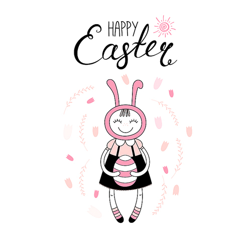 Hand drawn vector illustration with cute cartoon girl in bunny costume, egg, Happy Easter text. Isolated objects. Vector illustration. Festive design elements. Concept for greeting card, invitation.