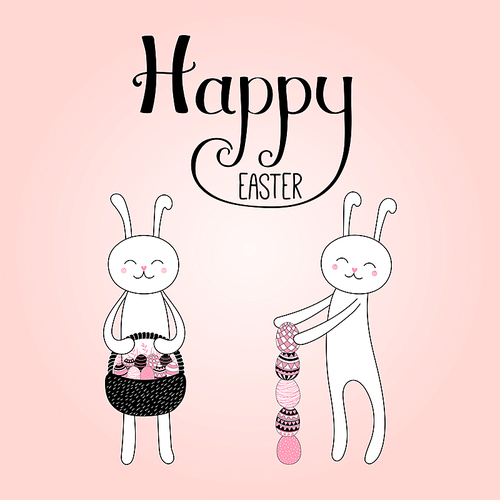 Hand drawn vector illustration of cute cartoon bunnies with eggs, basket, Happy Easter lettering. Isolated objects. Vector illustration. Festive design elements. Concept for card, invitation.