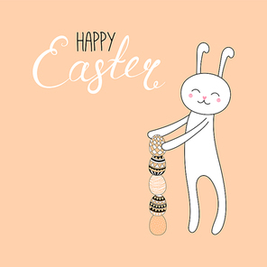 Hand drawn vector illustration of cute cartoon bunny building a tower from eggs, Happy Easter lettering. Isolated objects. Vector illustration. Festive design elements. Concept for card, invitation.