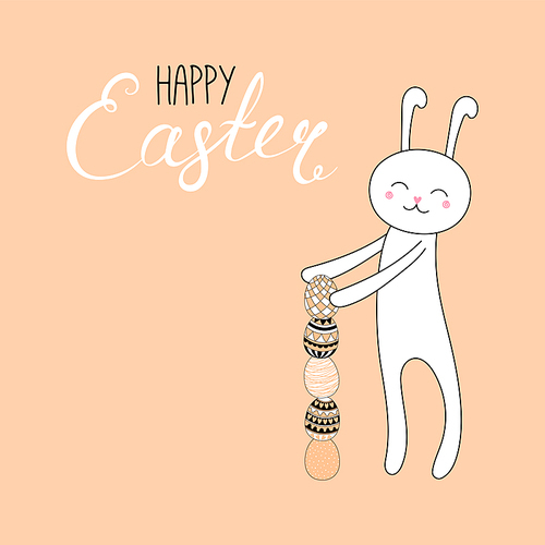 Hand drawn vector illustration of cute cartoon bunny building a tower from eggs, Happy Easter lettering. Isolated objects. Vector illustration. Festive design elements. Concept for card, invitation.