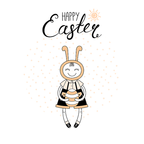 Hand drawn vector illustration with cute cartoon boy in bunny costume, egg, Happy Easter text. Isolated objects. Vector illustration. Festive design elements. Concept for greeting card, invitation.