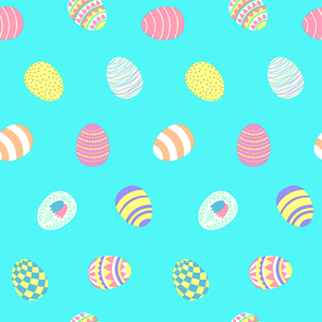 Hand drawn seamless vector pattern with different Easter eggs, on a blue background. Design concept for Easter celebration, kids textile , wallpaper, wrapping paper.