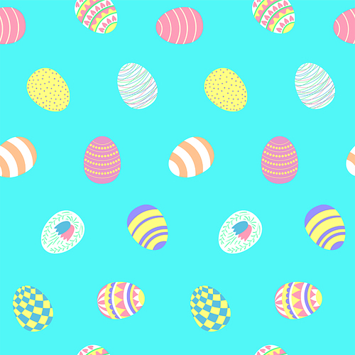Hand drawn seamless vector pattern with different Easter eggs, on a blue background. Design concept for Easter celebration, kids textile , wallpaper, wrapping paper.