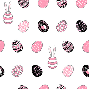 Hand drawn seamless vector pattern with different Easter eggs, on a white background. Design concept for Easter celebration, kids textile , wallpaper, wrapping paper.