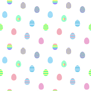 Hand drawn seamless vector pattern with different Easter eggs, on a white background. Design concept for Easter celebration, kids textile print, wallpaper, wrapping paper.