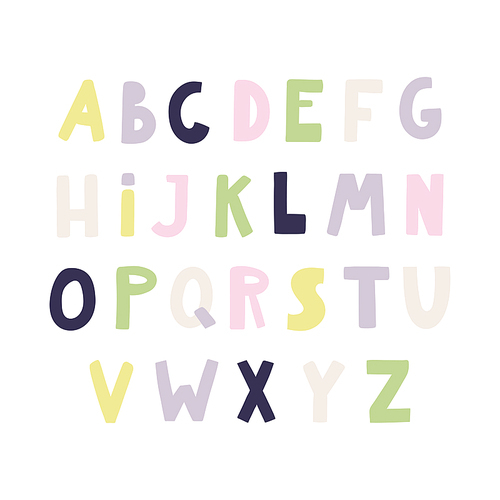 Hand drawn latin alphabet in Scandinavian style with pastel colored capital letters. Make your own lettering. Isolated on white . Vector illustration. Design concept for typographic poster.