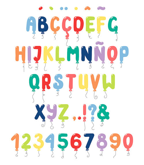 Hand drawn balloons roman alphabet with numbers, punctuation marks, diacritics for Spanish, Italian, Portuguese, French. Make your own lettering. Isolated letters on white. Vector illustration.