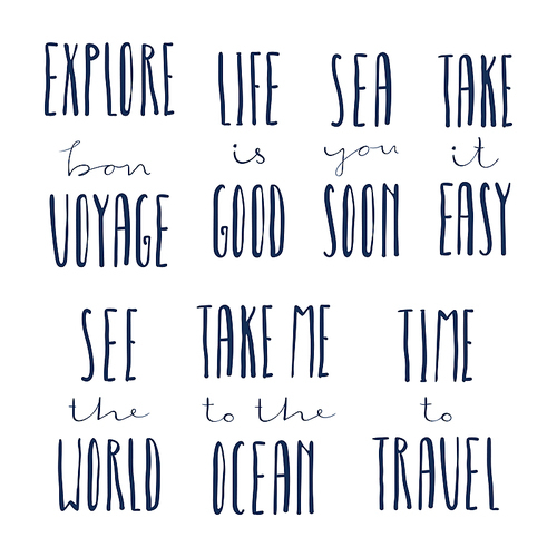 Set of hand written calligraphic lettering quotes about summer holidays. Isolated objects. Vector illustration. Concept for children , vacations, summertime, travelling.