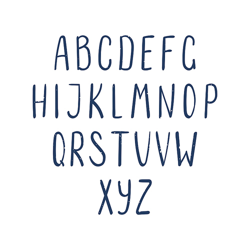 Hand drawn dark blue latin alphabet with weathered texture. Make your own lettering. Isolated letters on white . Vector illustration.