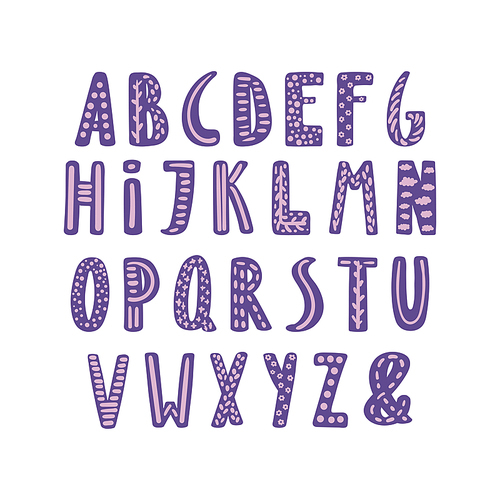 Hand drawn cute latin alphabet in Scandinavian style with ornate letters in violet and lilac. Make your own lettering. Isolated letters on white . Vector illustration.