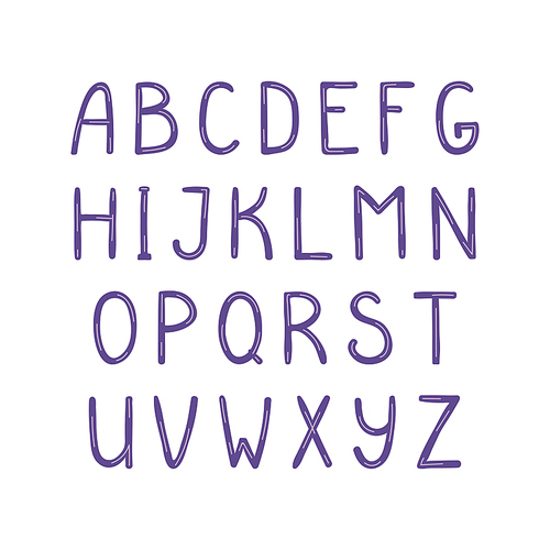 Hand drawn cute latin alphabet, in violet. Make your own lettering. Isolated letters on white . Vector illustration.