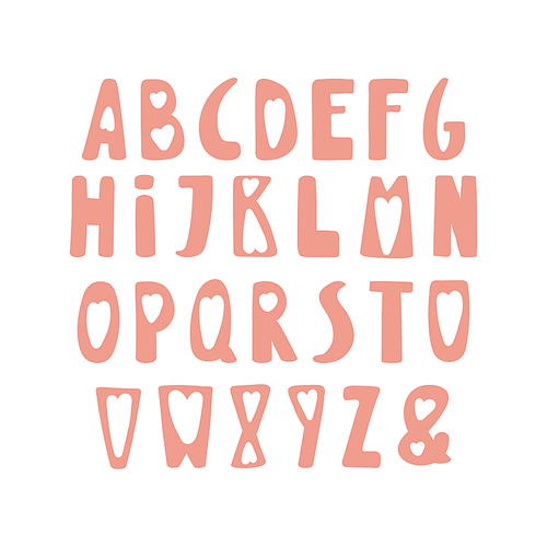 Hand drawn cute latin alphabet in Scandinavian style, in pink, with hearts. Make your own Valentine Day lettering. Isolated letters on white . Vector illustration.