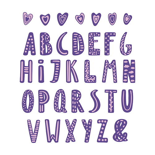 Hand drawn cute latin alphabet in Scandinavian style with ornate letters in violet and lilac. Make your own lettering. Isolated letters on white . Vector illustration.