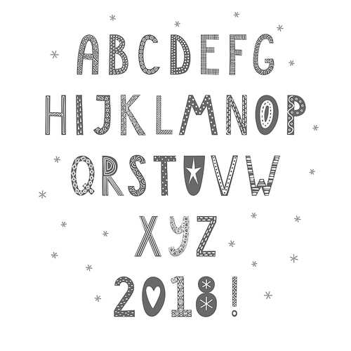 Hand drawn latin alphabet in Scandinavian style with ornate letters in gray and white. Make your own Christmas typography. Isolated objects on white . Vector illustration.