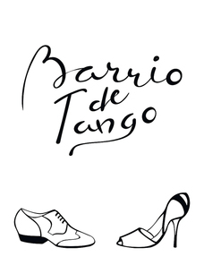 Hand written lettering quote Barrio de tango in Spanish, tr. Tango district, with dancing shoes. Isolated objects on white . Vector illustration. Design concept for , poster, card.