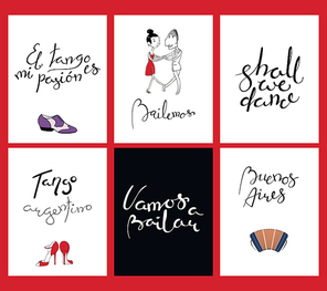 Set of tango cards templates with hand written lettering quotes, design elements, tr. from Spanish Tango is my passion, Lets dance. Vector illustration. Design concept social dance.