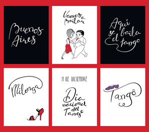 Set of tango cards templates with hand written lettering quotes, design elements, tr. from Spanish Lets dance, Tango is danced here, National Tango Day. Vector illustration. Design for social dance.