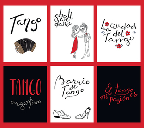 Set of tango cards templates with hand written lettering quotes, design elements, tr. from Spanish Tango city, Tango district, Tango is my passion. Vector illustration. Design concept social dance.