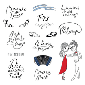 Set of hand written tango quotes, design elements, tr. from Spanish National Tango Day, Tango district, is danced here, is my passion, city. Vector illustration. Isolated objects on white .