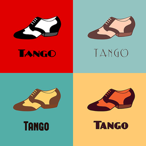 Hand drawn argentine tango dancing shoes poster with alternatively colored set of men shoes in vintage colors, with word tango. Postcard, milonga invitation, flyer for tango school or festival.