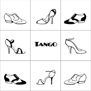 Hand drawn argentine tango poster with dancing shoes men and women, on a tiled background, in black and white, with word tango. Postcard, milonga invitation, flyer for tango school or festival.