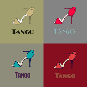 Hand drawn argentine tango dancing shoes poster with alternatively colored set of women shoes in vintage colors, with word tango. Postcard, milonga invitation, flyer for tango school or festival.