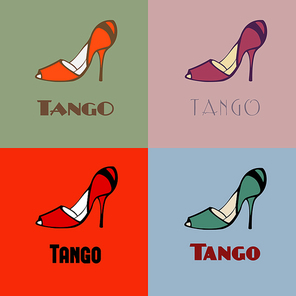 Hand drawn argentine tango dancing shoes poster with alternatively colored set of women shoes in vintage colors, with word tango. Postcard, milonga invitation, flyer for tango school or festival.