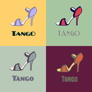 Hand drawn argentine tango poster with alternatively colored set of dancing women shoes in vintage colors. Postcard, milonga invitation, flyer for tango school or festival.