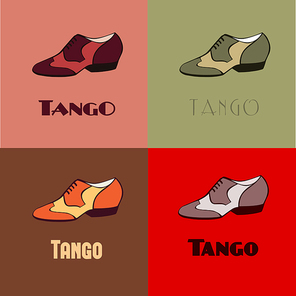 Hand drawn argentine tango dancing shoes poster with alternatively colored set of men shoes in vintage colors, with word tango. Postcard, milonga invitation, flyer for tango school or festival.