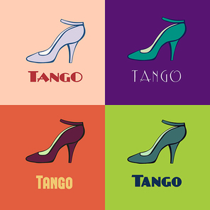 Hand drawn argentine tango poster with alternatively colored set of dancing women shoes in vintage colors. Postcard, milonga invitation, flyer for tango school or festival.