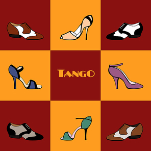 Hand drawn argentine tango poster with dancing shoes, on a tiled background, in vintage colors, with text. Postcard, milonga invitation, flyer for tango school or festival.