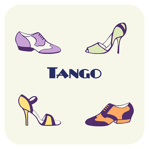 Hand drawn argentine tango poster with dancing shoes for men, women, in vintage colors, with text. Isolated objects, vector. Postcard, milonga invitation, promo materials for tango school or festival.