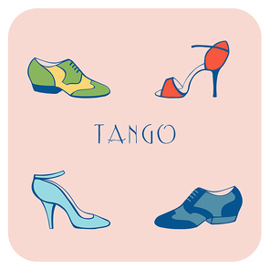 Hand drawn argentine tango poster with dancing shoes for men, women, in vintage colors, with text. Isolated objects, vector. Postcard, milonga invitation, promo materials for tango school or festival.